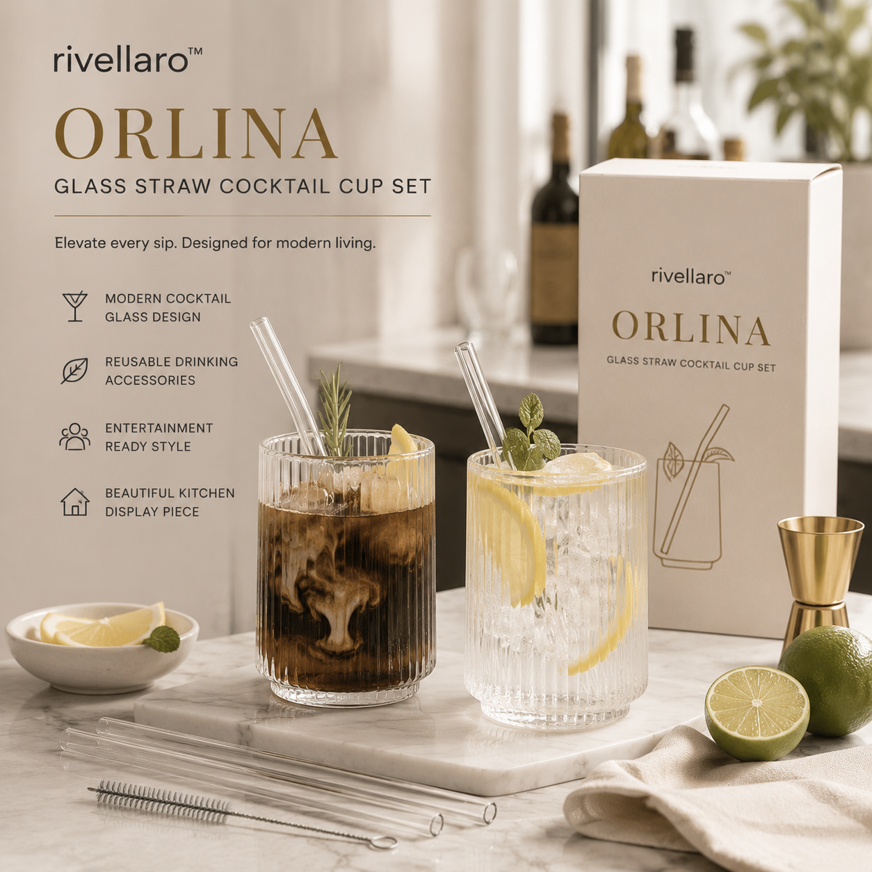 Rivellaro™ Orlina Glass Straw Cocktail Cup Set