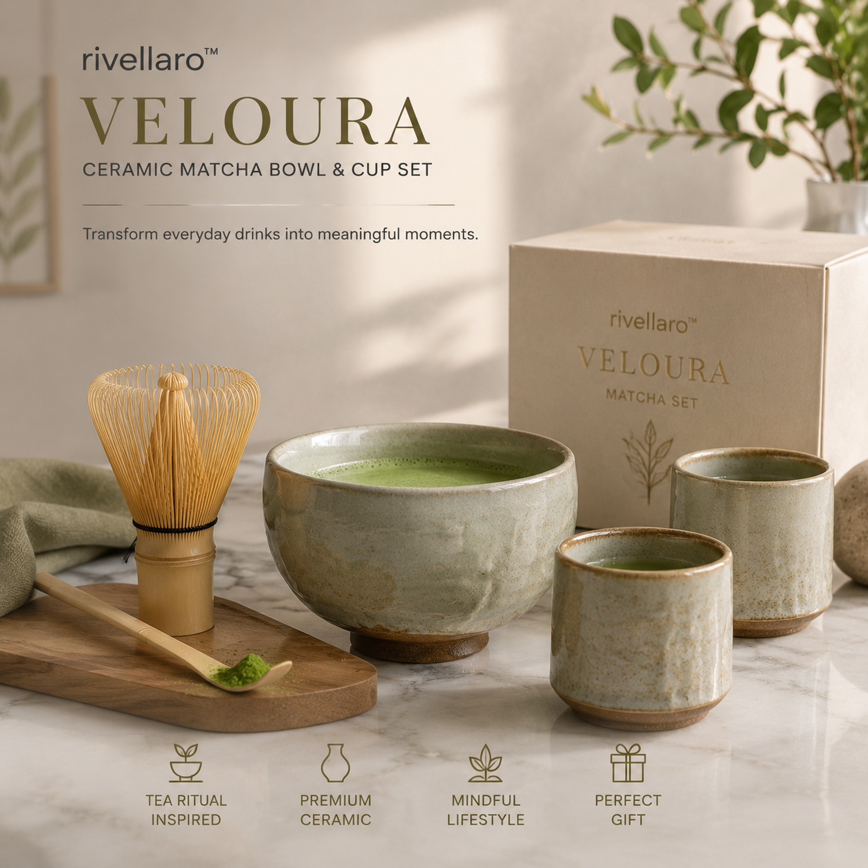 Rivellaro™ Veloura Ceramic Matcha Bowl & Cup Set